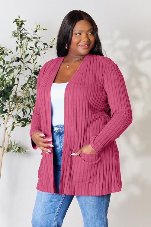 Basic Bae Full Size Ribbed Open Front Cardigan with Pockets - Loulou Boutique