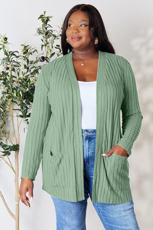 Basic Bae Full Size Ribbed Open Front Cardigan with Pockets - Loulou Boutique