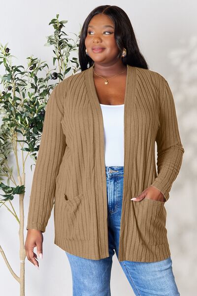 Basic Bae Full Size Ribbed Open Front Cardigan with Pockets - Loulou Boutique