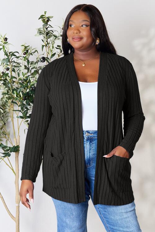 Basic Bae Full Size Ribbed Open Front Cardigan with Pockets - Loulou Boutique
