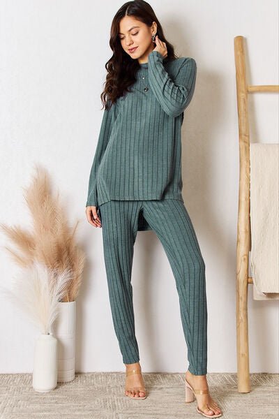 Basic Bae Full Size Ribbed Round Neck High-Low Slit Top and Pants Set - Loulou Boutique