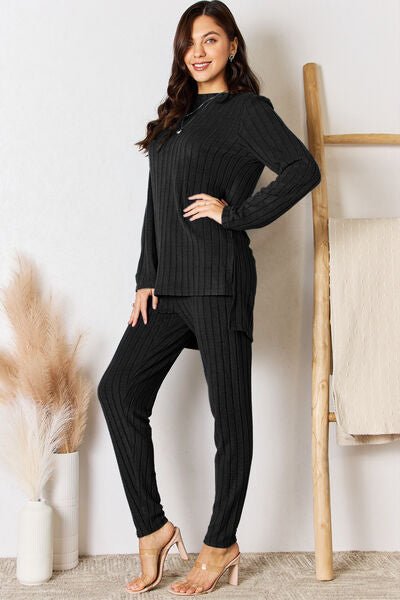 Basic Bae Full Size Ribbed Round Neck High-Low Slit Top and Pants Set - Loulou Boutique