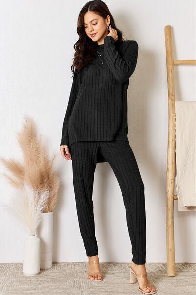Basic Bae Full Size Ribbed Round Neck High-Low Slit Top and Pants Set - Loulou Boutique