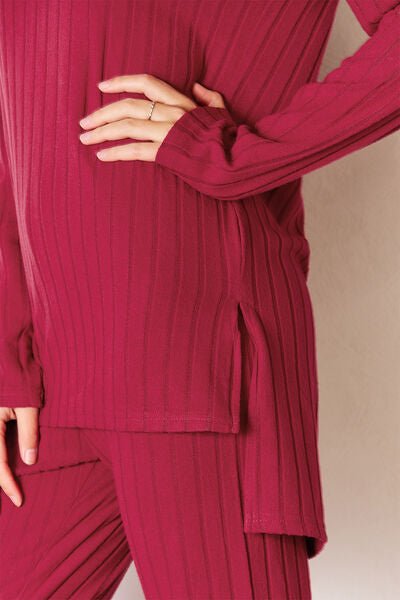 Basic Bae Full Size Ribbed Round Neck High-Low Slit Top and Pants Set - Loulou Boutique