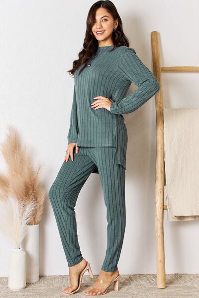 Basic Bae Full Size Ribbed Round Neck High-Low Slit Top and Pants Set - Loulou Boutique
