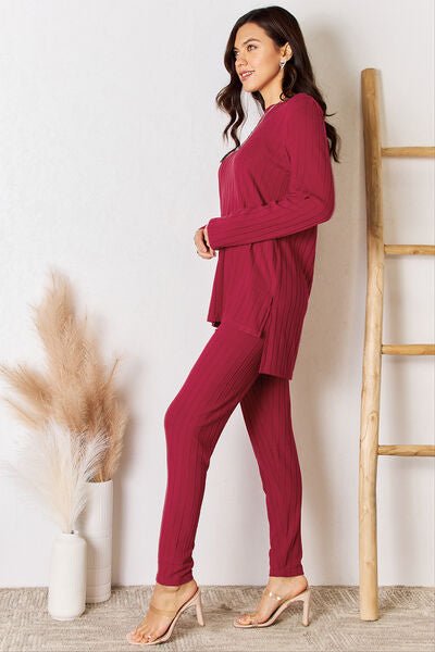 Basic Bae Full Size Ribbed Round Neck High-Low Slit Top and Pants Set - Loulou Boutique