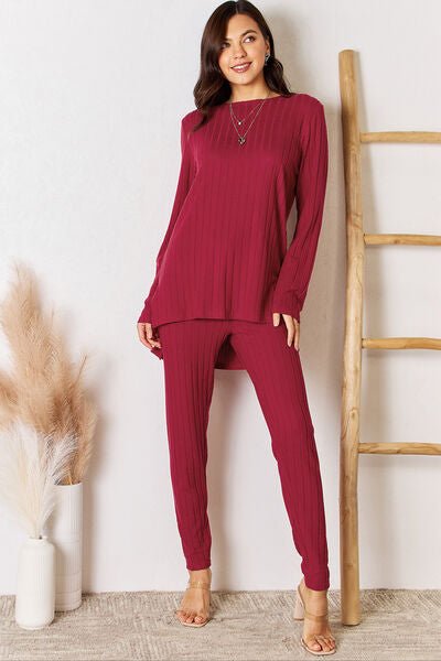 Basic Bae Full Size Ribbed Round Neck High-Low Slit Top and Pants Set - Loulou Boutique