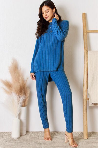 Basic Bae Full Size Ribbed Round Neck High-Low Slit Top and Pants Set - Loulou Boutique