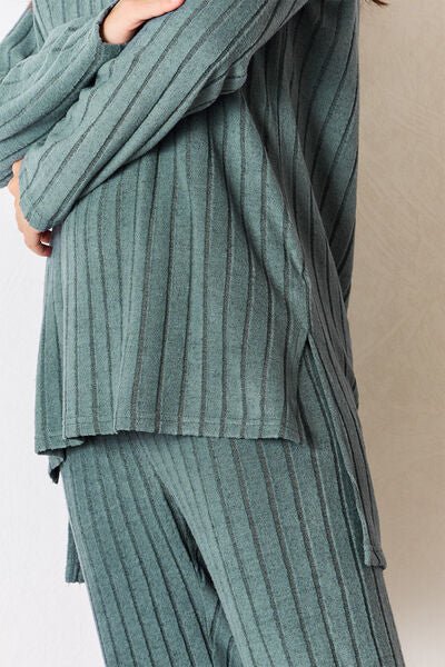 Basic Bae Full Size Ribbed Round Neck High-Low Slit Top and Pants Set - Loulou Boutique