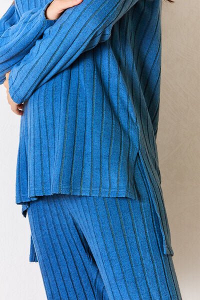 Basic Bae Full Size Ribbed Round Neck High-Low Slit Top and Pants Set - Loulou Boutique