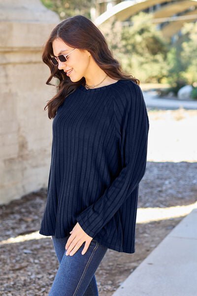 Basic Bae Full Size Ribbed Round Neck Long Sleeve Knit Top - Loulou Boutique