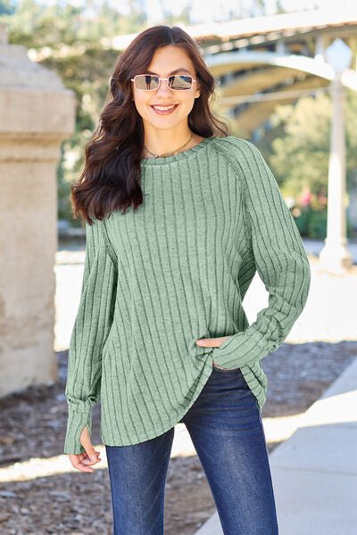 Basic Bae Full Size Ribbed Round Neck Long Sleeve Knit Top - Loulou Boutique
