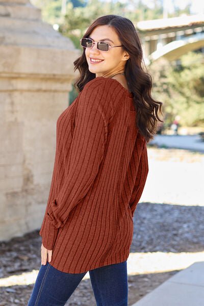 Basic Bae Full Size Ribbed Round Neck Long Sleeve Knit Top - Loulou Boutique