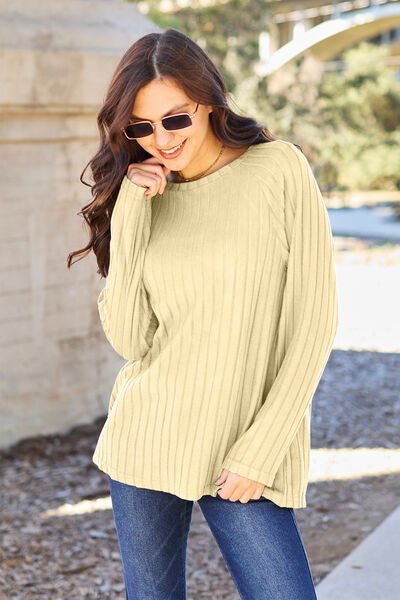 Basic Bae Full Size Ribbed Round Neck Long Sleeve Knit Top - Loulou Boutique