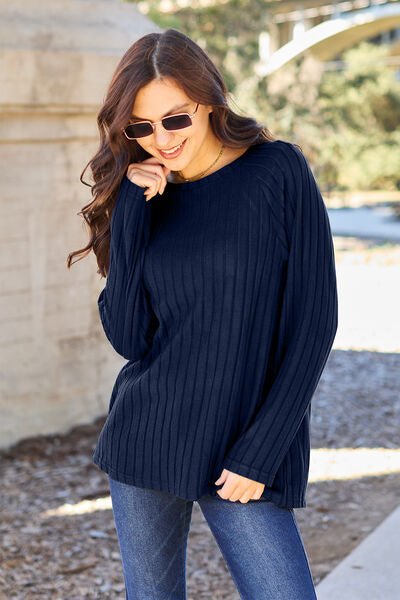 Basic Bae Full Size Ribbed Round Neck Long Sleeve Knit Top - Loulou Boutique