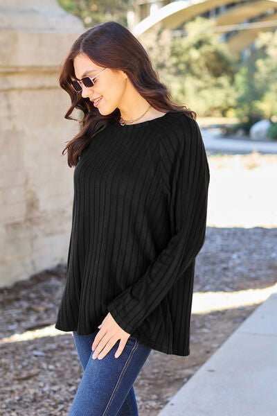 Basic Bae Full Size Ribbed Round Neck Long Sleeve Knit Top - Loulou Boutique