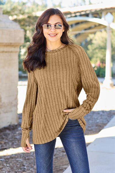 Basic Bae Full Size Ribbed Round Neck Long Sleeve Knit Top - Loulou Boutique