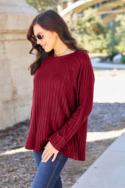Basic Bae Full Size Ribbed Round Neck Long Sleeve Knit Top - Loulou Boutique