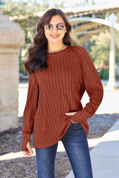Basic Bae Full Size Ribbed Round Neck Long Sleeve Knit Top - Loulou Boutique