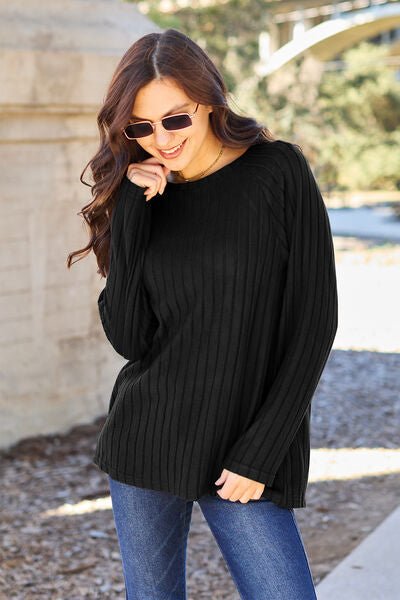 Basic Bae Full Size Ribbed Round Neck Long Sleeve Knit Top - Loulou Boutique