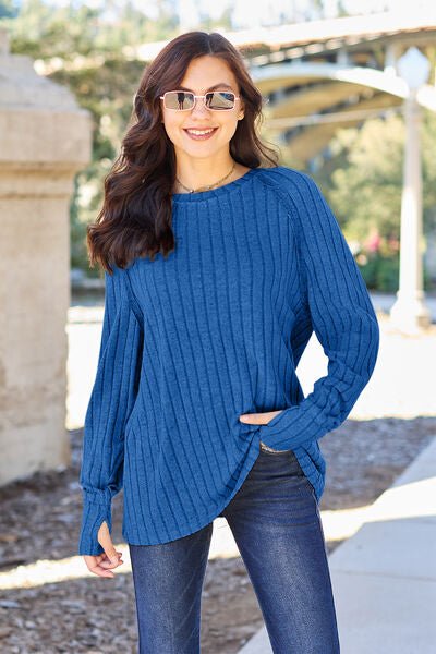 Basic Bae Full Size Ribbed Round Neck Long Sleeve Knit Top - Loulou Boutique