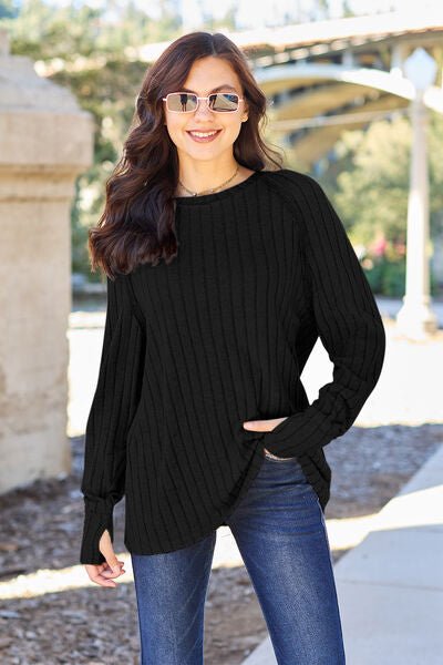 Basic Bae Full Size Ribbed Round Neck Long Sleeve Knit Top - Loulou Boutique