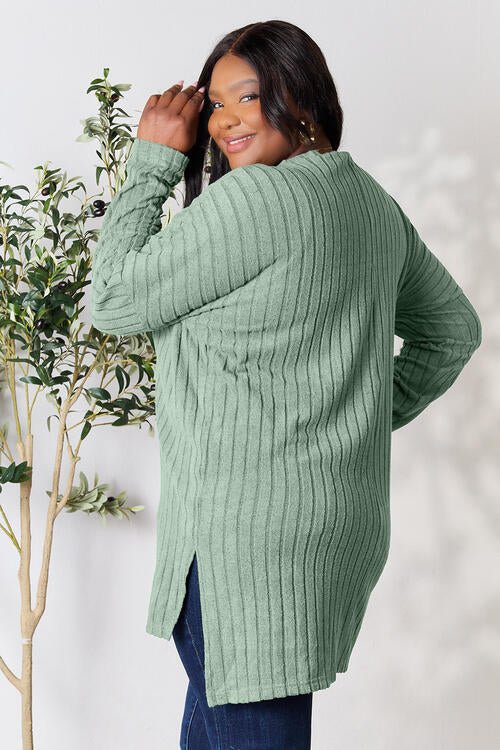 Basic Bae Full Size Ribbed Round Neck Long Sleeve Slit Top - Loulou Boutique