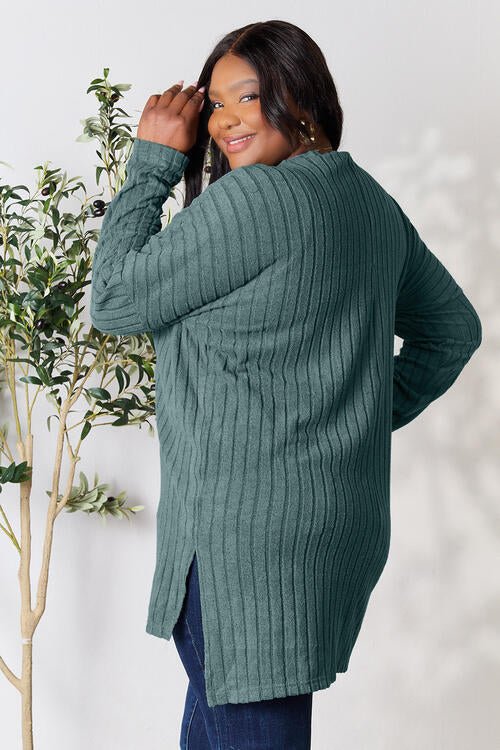 Basic Bae Full Size Ribbed Round Neck Long Sleeve Slit Top - Loulou Boutique