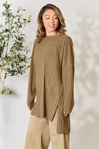 Basic Bae Full Size Ribbed Round Neck Long Sleeve Slit Top - Loulou Boutique