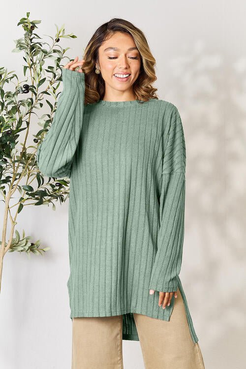 Basic Bae Full Size Ribbed Round Neck Long Sleeve Slit Top - Loulou Boutique