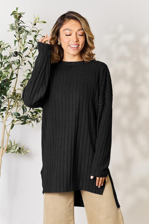 Basic Bae Full Size Ribbed Round Neck Long Sleeve Slit Top - Loulou Boutique