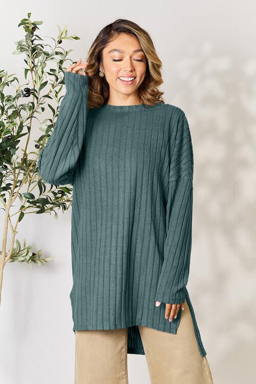 Basic Bae Full Size Ribbed Round Neck Long Sleeve Slit Top - Loulou Boutique