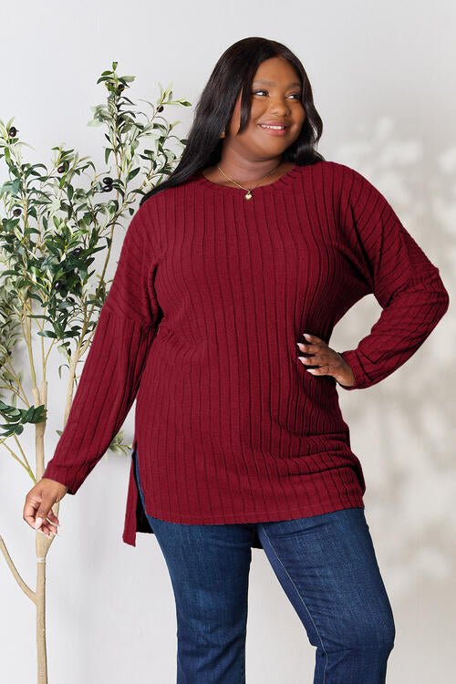 Basic Bae Full Size Ribbed Round Neck Long Sleeve Slit Top - Loulou Boutique