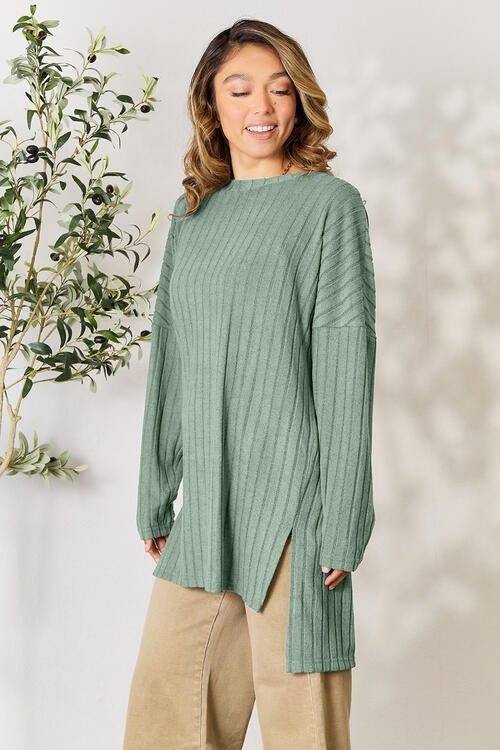 Basic Bae Full Size Ribbed Round Neck Long Sleeve Slit Top - Loulou Boutique