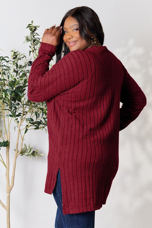Basic Bae Full Size Ribbed Round Neck Long Sleeve Slit Top - Loulou Boutique