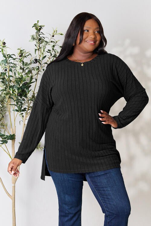 Basic Bae Full Size Ribbed Round Neck Long Sleeve Slit Top - Loulou Boutique