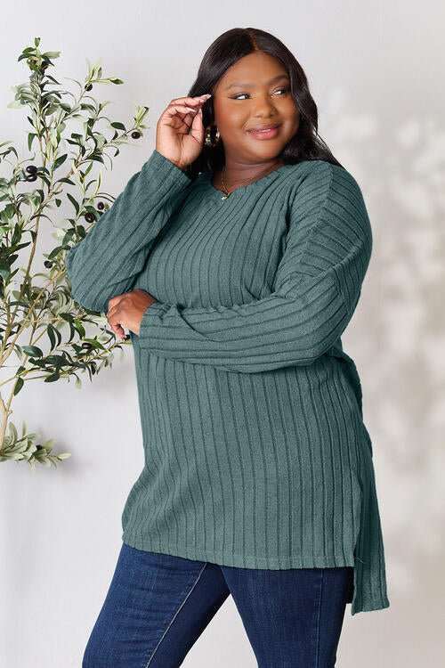 Basic Bae Full Size Ribbed Round Neck Long Sleeve Slit Top - Loulou Boutique