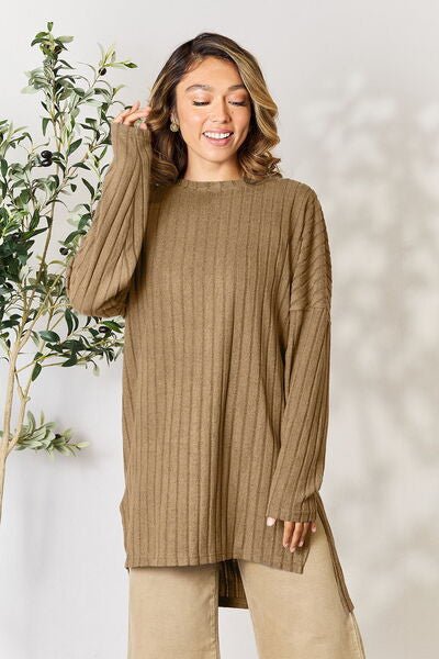 Basic Bae Full Size Ribbed Round Neck Long Sleeve Slit Top - Loulou Boutique