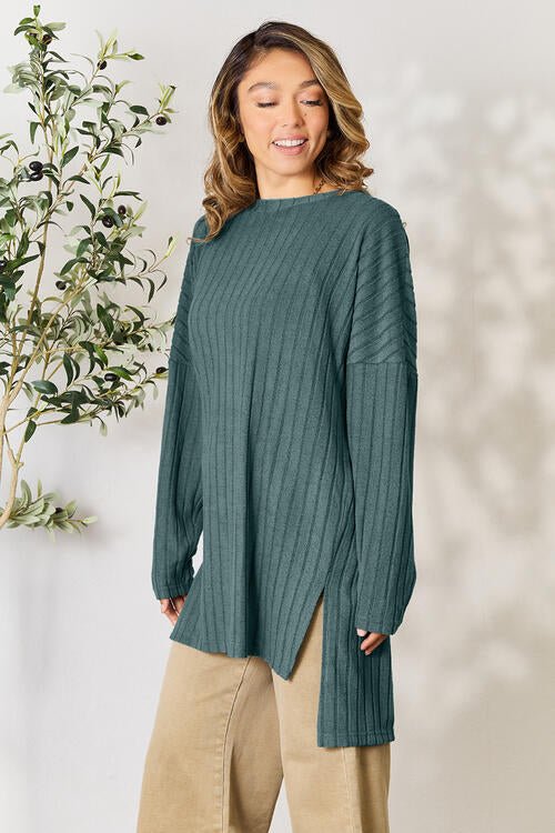 Basic Bae Full Size Ribbed Round Neck Long Sleeve Slit Top - Loulou Boutique