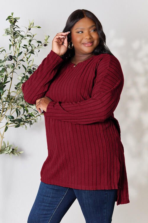 Basic Bae Full Size Ribbed Round Neck Long Sleeve Slit Top - Loulou Boutique