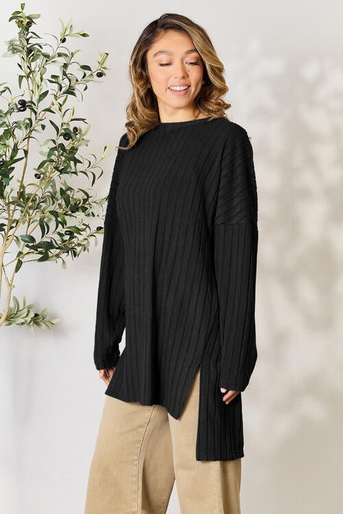 Basic Bae Full Size Ribbed Round Neck Long Sleeve Slit Top - Loulou Boutique