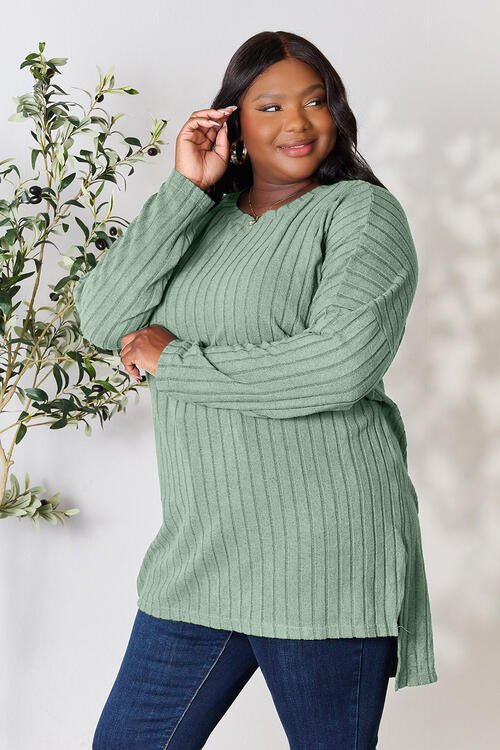 Basic Bae Full Size Ribbed Round Neck Long Sleeve Slit Top - Loulou Boutique