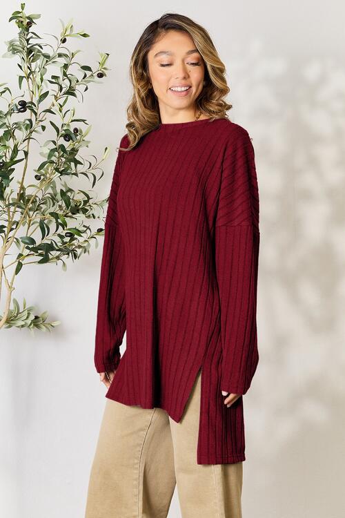 Basic Bae Full Size Ribbed Round Neck Long Sleeve Slit Top - Loulou Boutique