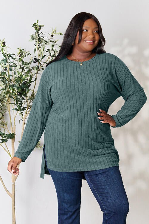 Basic Bae Full Size Ribbed Round Neck Long Sleeve Slit Top - Loulou Boutique