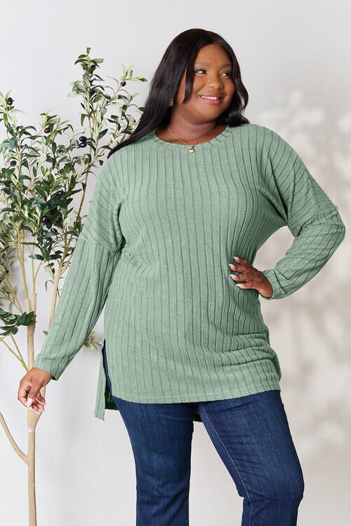Basic Bae Full Size Ribbed Round Neck Long Sleeve Slit Top - Loulou Boutique