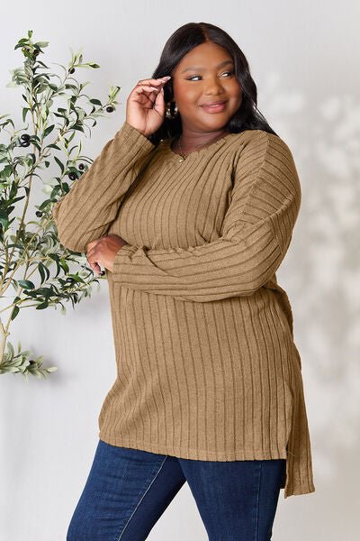 Basic Bae Full Size Ribbed Round Neck Long Sleeve Slit Top - Loulou Boutique