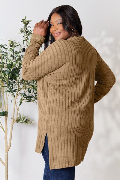Basic Bae Full Size Ribbed Round Neck Long Sleeve Slit Top - Loulou Boutique