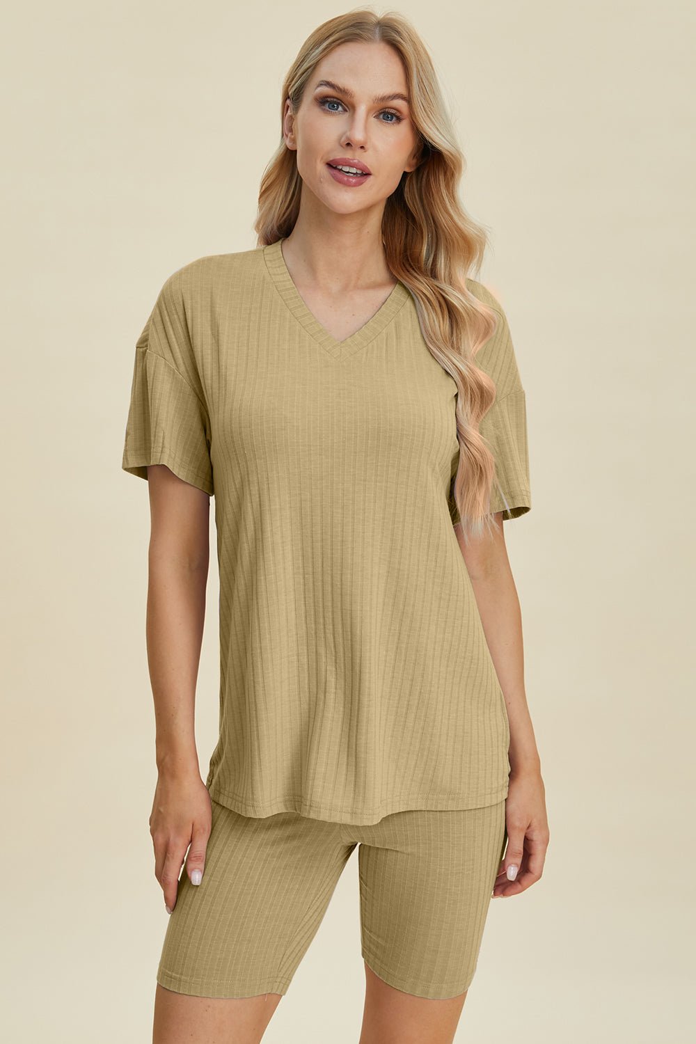 Basic Bae Full Size Ribbed V - Neck Short Sleeve Top and Shorts Set - Loulou Boutique