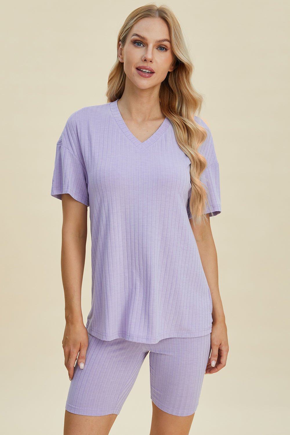 Basic Bae Full Size Ribbed V - Neck Short Sleeve Top and Shorts Set - Loulou Boutique