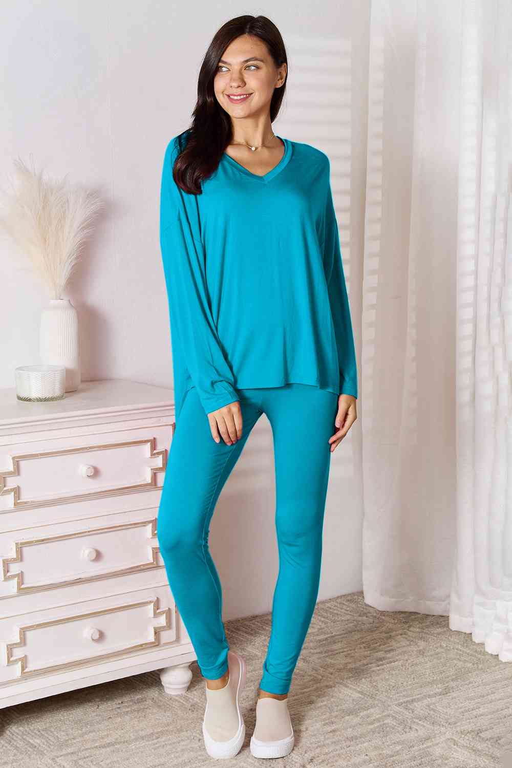 Basic Bae Full Size V - Neck Soft Rayon Long Sleeve Top and Pants Lounge Set - Loulou Boutique